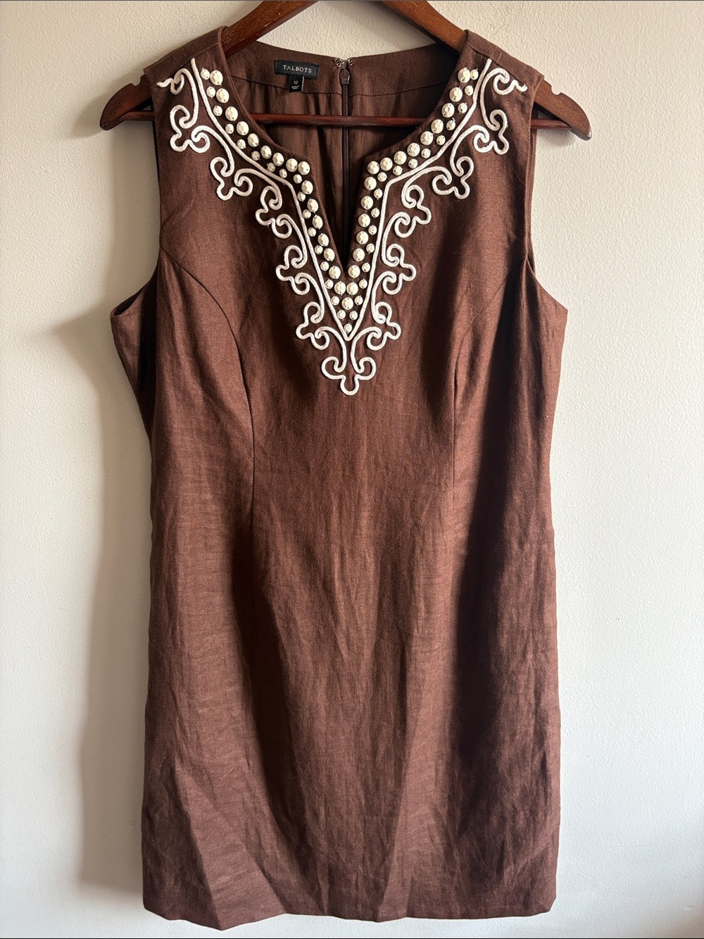 Talbots Brown 100% Linen Embroidered Western Shift Dress Size 12